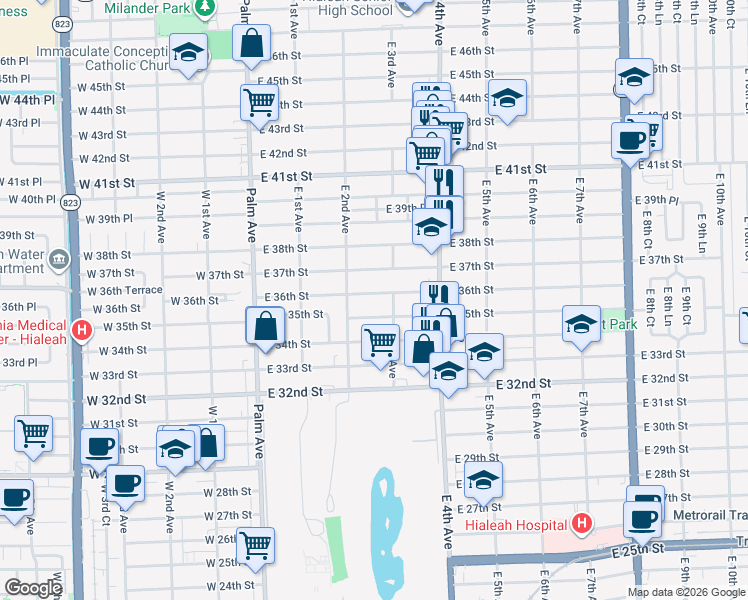 map of restaurants, bars, coffee shops, grocery stores, and more near in Hialeah