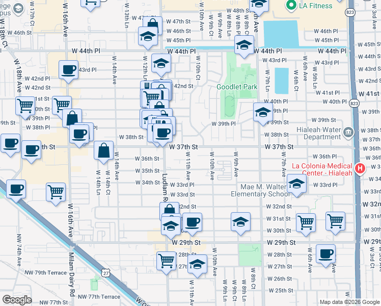 map of restaurants, bars, coffee shops, grocery stores, and more near 1061 West 37th Street in Hialeah