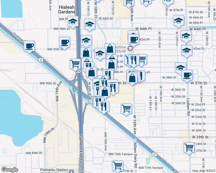 map of restaurants, bars, coffee shops, grocery stores, and more near 3714 West 18th Avenue in Hialeah