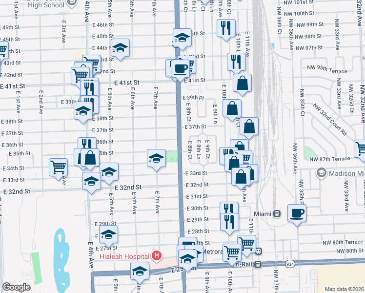 map of restaurants, bars, coffee shops, grocery stores, and more near 3581 East 8th Avenue in Hialeah