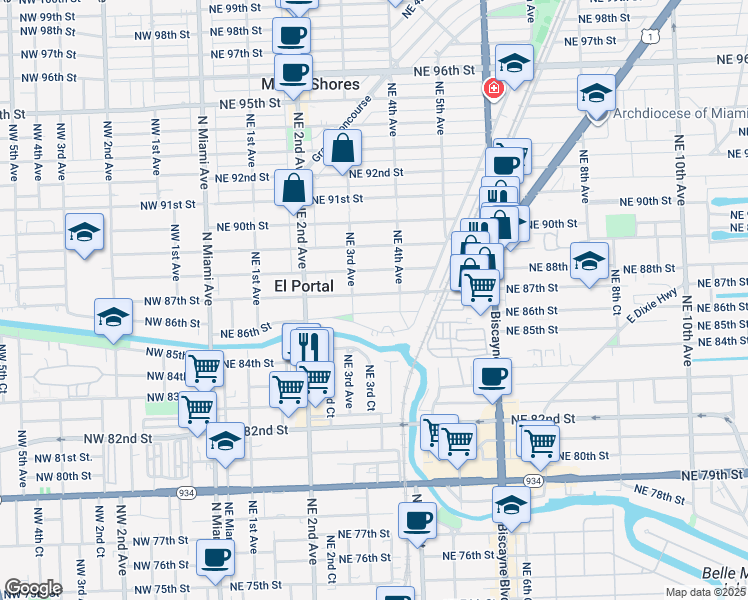 map of restaurants, bars, coffee shops, grocery stores, and more near 347 Northeast 87th Street in El Portal