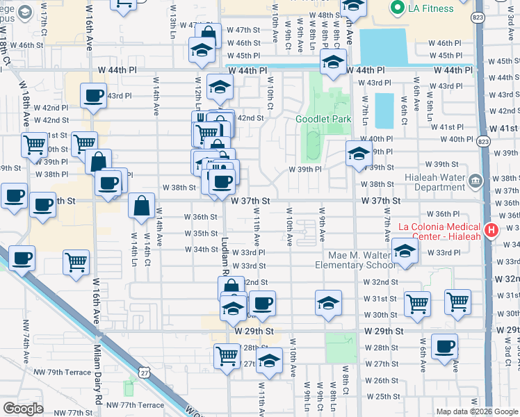 map of restaurants, bars, coffee shops, grocery stores, and more near 1061 West 37th Street in Hialeah