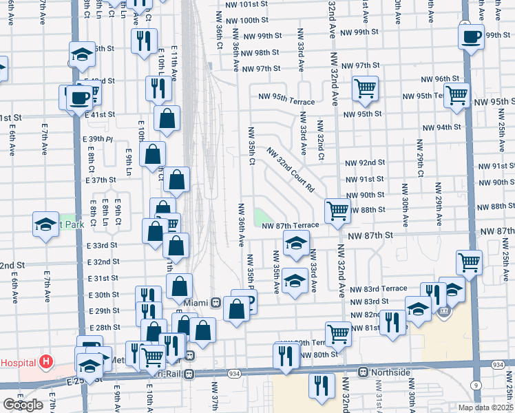 map of restaurants, bars, coffee shops, grocery stores, and more near 8911 Northwest 35th Court in Miami