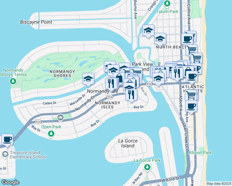 map of restaurants, bars, coffee shops, grocery stores, and more near 1200 Normandy Drive in Miami Beach