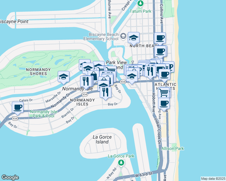 map of restaurants, bars, coffee shops, grocery stores, and more near 7802 Rue Vendome in Miami Beach