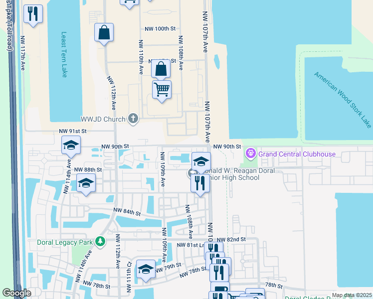 map of restaurants, bars, coffee shops, grocery stores, and more near 10805 Northwest 89th Terrace in Doral