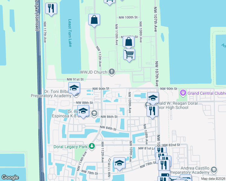 map of restaurants, bars, coffee shops, grocery stores, and more near 11601 Northwest 89th Terrace in Doral
