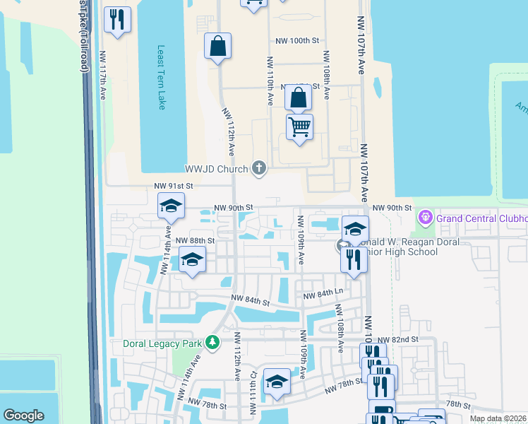 map of restaurants, bars, coffee shops, grocery stores, and more near 11063 Northwest 89th Terrace in Doral