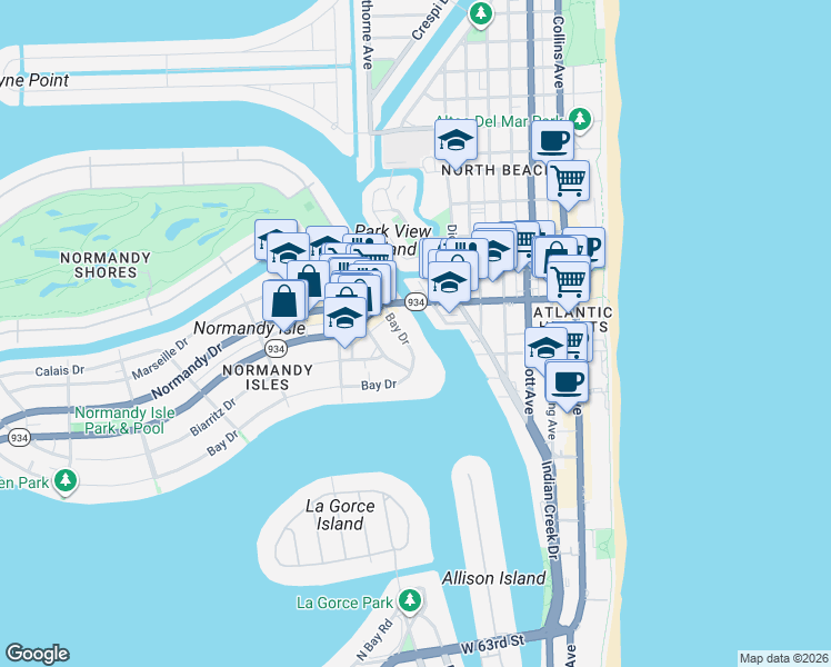 map of restaurants, bars, coffee shops, grocery stores, and more near 6949 Bay Drive in Miami Beach