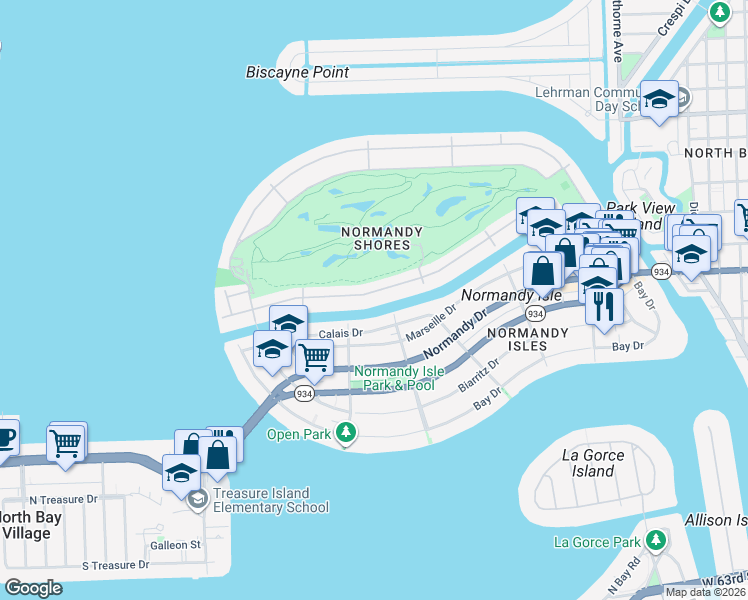 map of restaurants, bars, coffee shops, grocery stores, and more near 705 South Shore Drive in Miami Beach