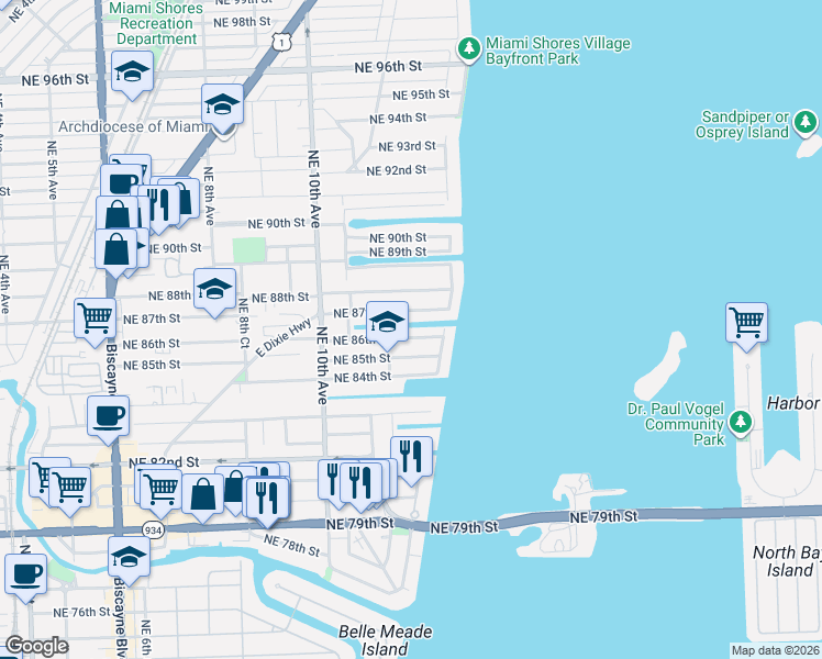 map of restaurants, bars, coffee shops, grocery stores, and more near 1150 Northeast 87th Street in Miami