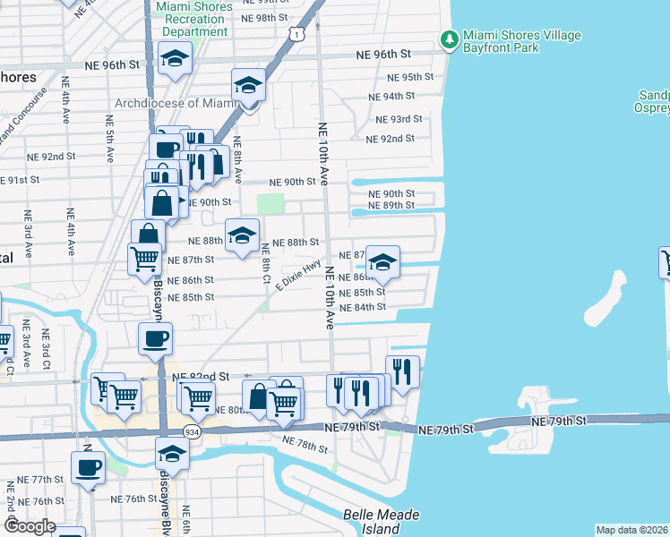 map of restaurants, bars, coffee shops, grocery stores, and more near 1001 Northeast 87th Street in Miami Shores