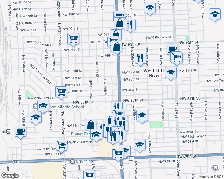 map of restaurants, bars, coffee shops, grocery stores, and more near 8800 Northwest 27th Avenue in Miami