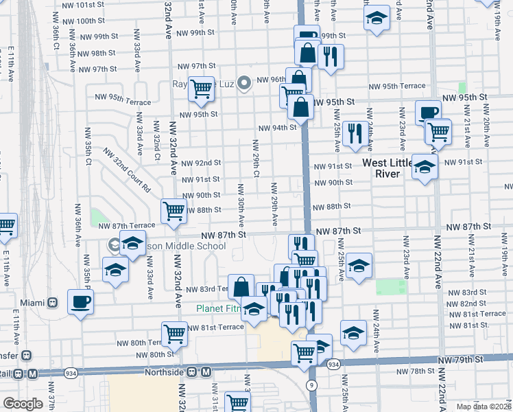 map of restaurants, bars, coffee shops, grocery stores, and more near 2954 Northwest 90th Street in Miami
