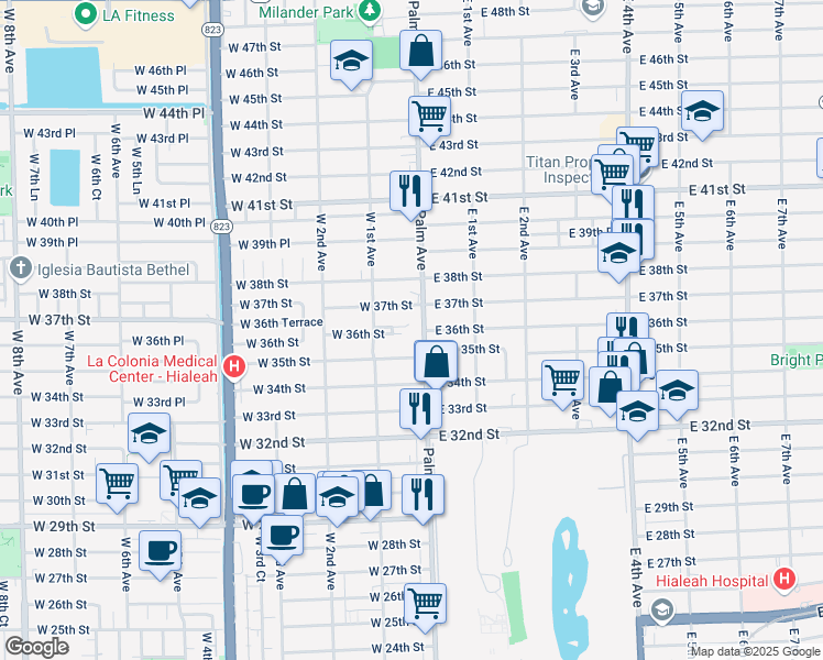 map of restaurants, bars, coffee shops, grocery stores, and more near 3652 Palm Avenue in Hialeah