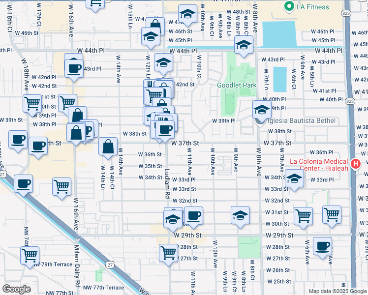 map of restaurants, bars, coffee shops, grocery stores, and more near 1135 West 37th Street in Hialeah