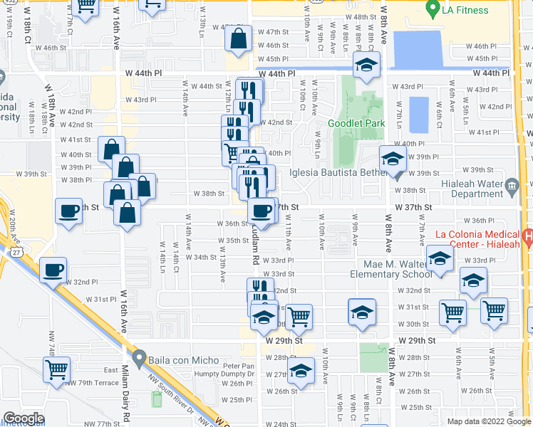 map of restaurants, bars, coffee shops, grocery stores, and more near 1135 West 37th Street in Hialeah