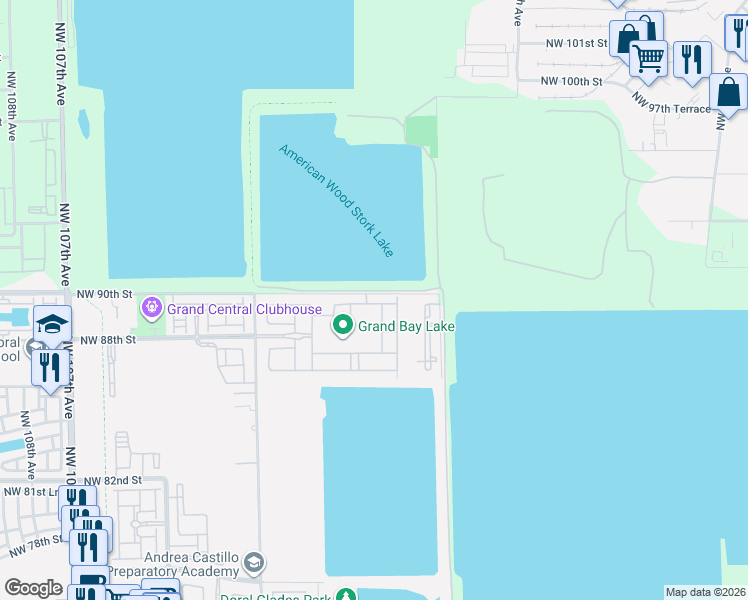 map of restaurants, bars, coffee shops, grocery stores, and more near 9875 Northwest 89th Terrace in Doral