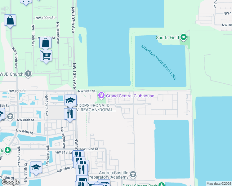 map of restaurants, bars, coffee shops, grocery stores, and more near 10359 Northwest 89th Terrace in Doral