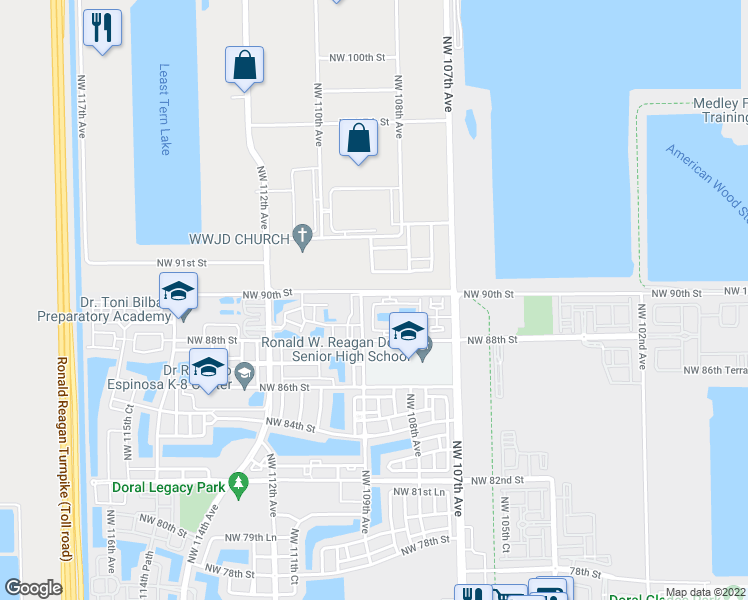 map of restaurants, bars, coffee shops, grocery stores, and more near in Doral