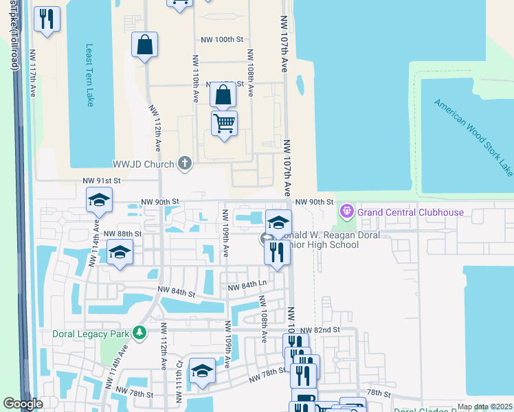 map of restaurants, bars, coffee shops, grocery stores, and more near 10805 Northwest 89th Terrace in Doral