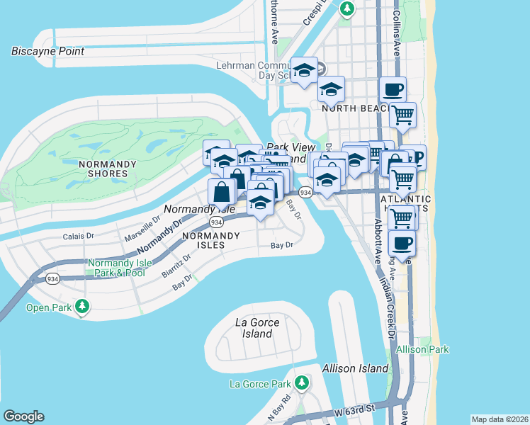 map of restaurants, bars, coffee shops, grocery stores, and more near in Miami Beach