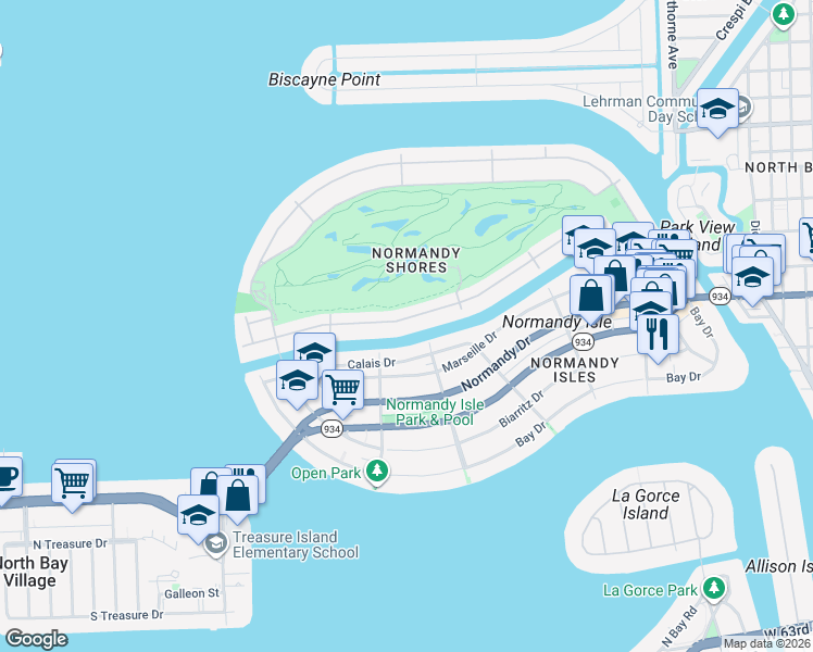 map of restaurants, bars, coffee shops, grocery stores, and more near 705 South Shore Drive in Miami Beach
