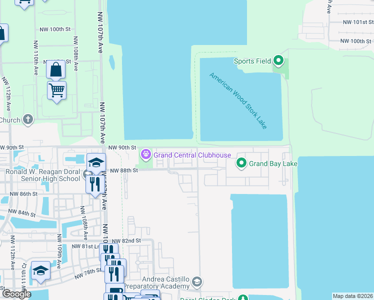 map of restaurants, bars, coffee shops, grocery stores, and more near 10259 Northwest 89th Terrace in Doral