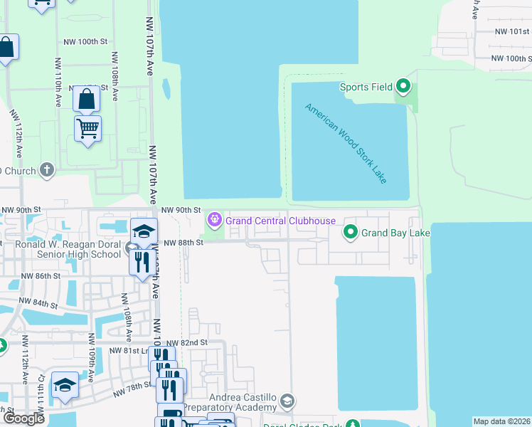 map of restaurants, bars, coffee shops, grocery stores, and more near 10259 Northwest 89th Terrace in Doral