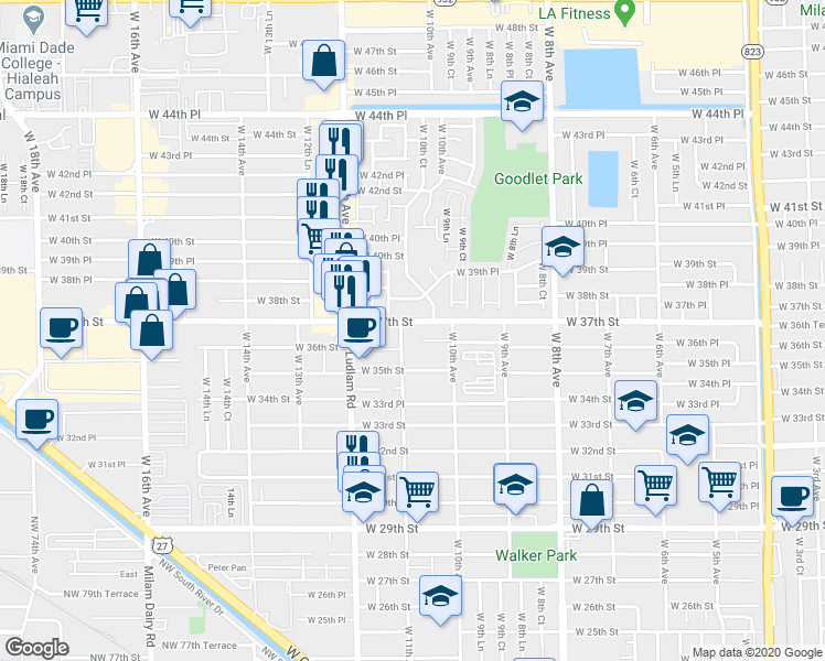 map of restaurants, bars, coffee shops, grocery stores, and more near 1061 West 37th Street in Hialeah