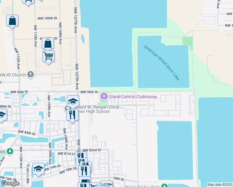map of restaurants, bars, coffee shops, grocery stores, and more near 10359 Northwest 89th Terrace in Doral