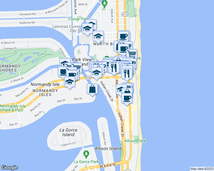 map of restaurants, bars, coffee shops, grocery stores, and more near 6941 Carlyle Avenue in Miami Beach