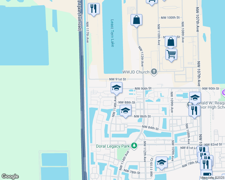 map of restaurants, bars, coffee shops, grocery stores, and more near 11403 Northwest 89th Street in Doral