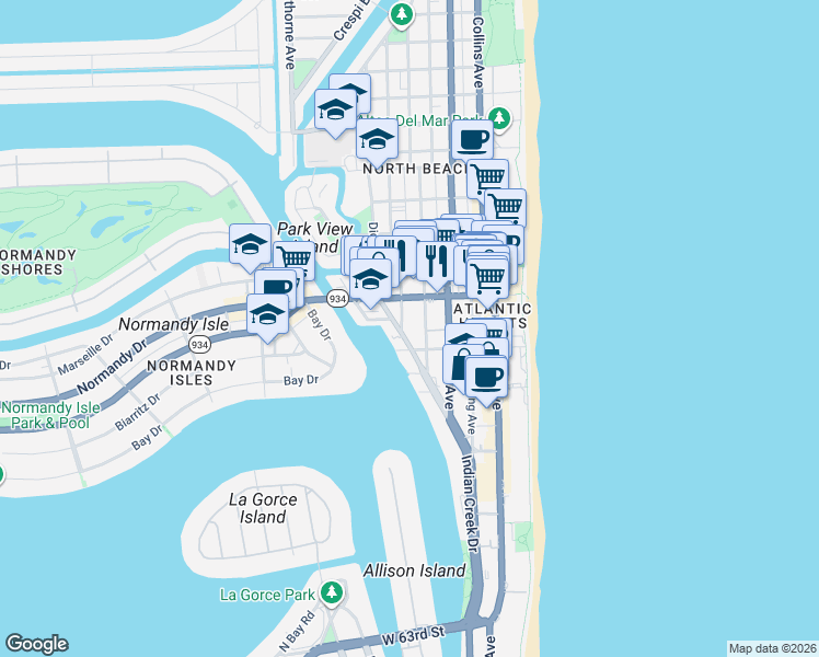 map of restaurants, bars, coffee shops, grocery stores, and more near 615 71st Street in Miami Beach