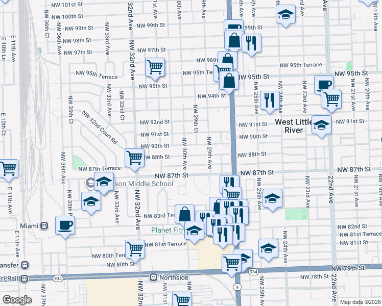 map of restaurants, bars, coffee shops, grocery stores, and more near 2954 Northwest 90th Street in Miami