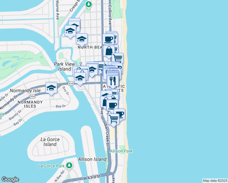 map of restaurants, bars, coffee shops, grocery stores, and more near in Miami Beach