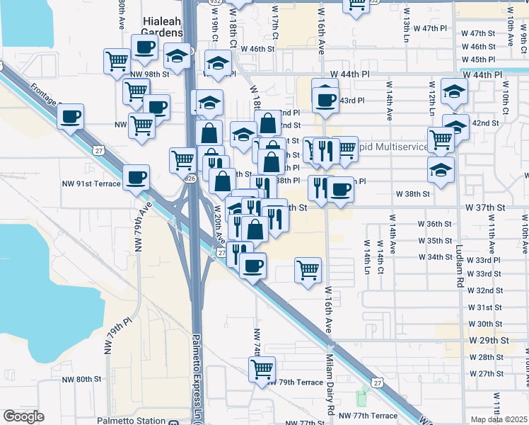 map of restaurants, bars, coffee shops, grocery stores, and more near 3714 West 18th Avenue in Hialeah