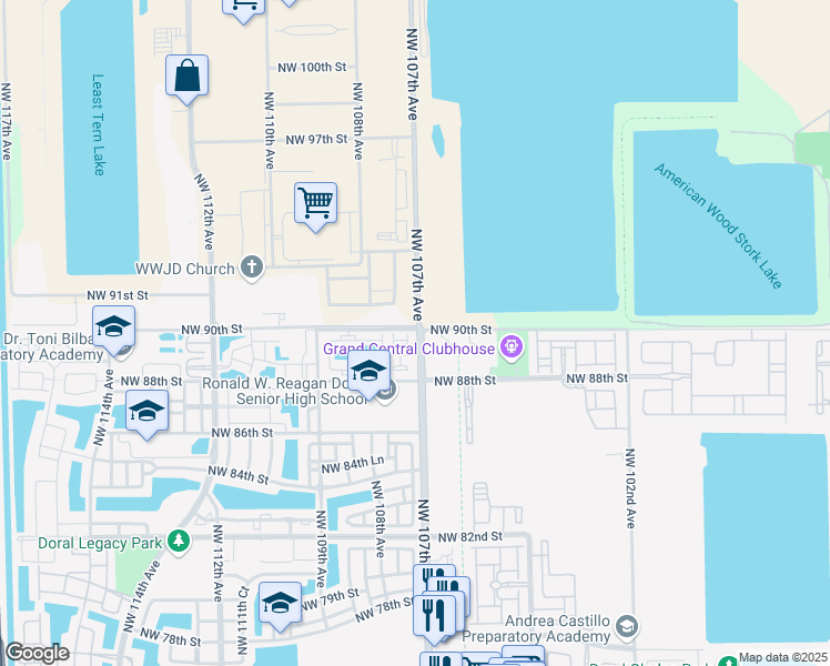 map of restaurants, bars, coffee shops, grocery stores, and more near 8999 Northwest 107th Court in Doral