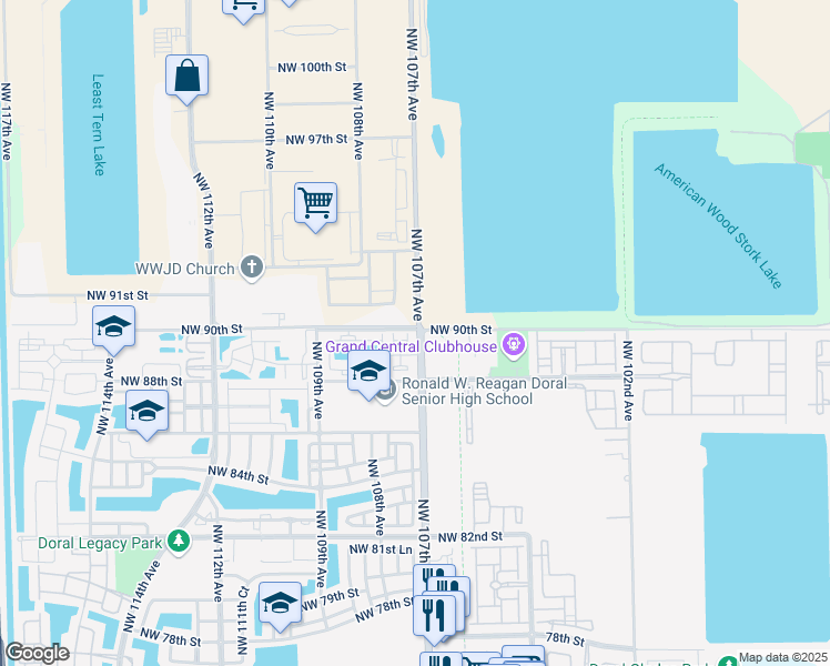 map of restaurants, bars, coffee shops, grocery stores, and more near 8933 Northwest 107th Court in Doral