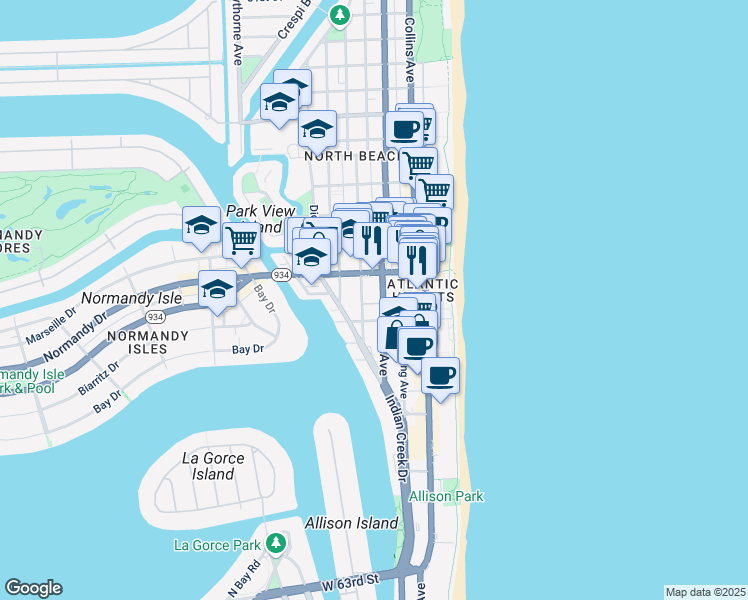 map of restaurants, bars, coffee shops, grocery stores, and more near 6964 Abbott Avenue in Miami Beach