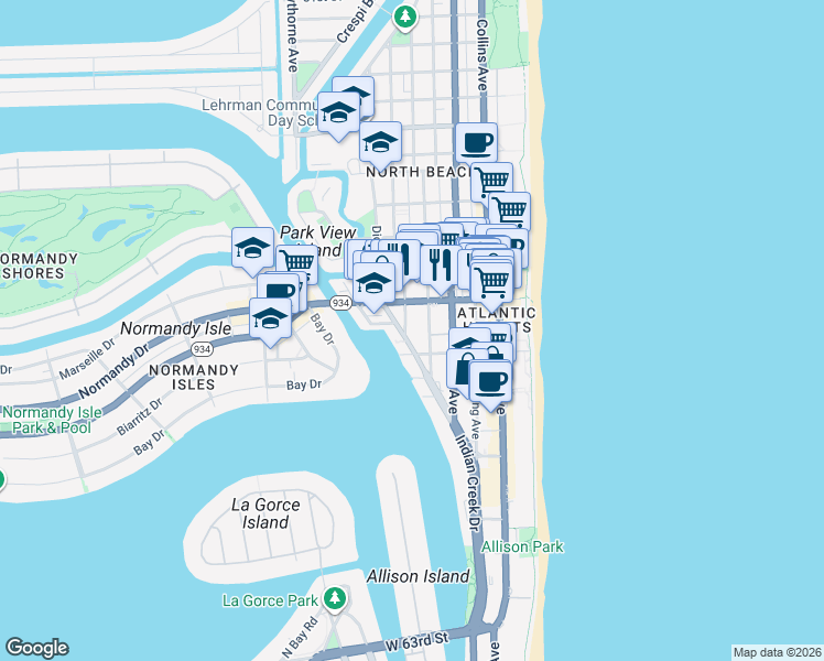 map of restaurants, bars, coffee shops, grocery stores, and more near 615 71st Street in Miami Beach