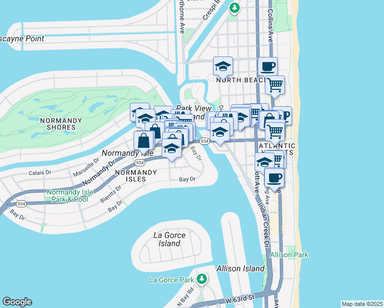 map of restaurants, bars, coffee shops, grocery stores, and more near 6949 Bay Drive in Miami Beach