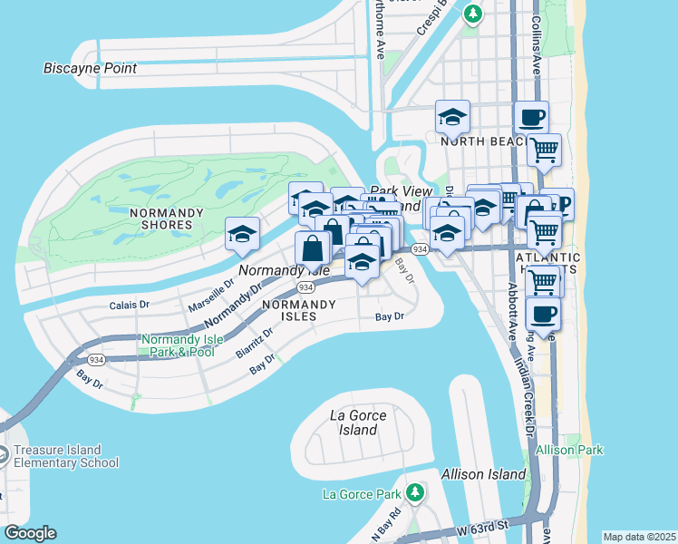 map of restaurants, bars, coffee shops, grocery stores, and more near 1114 Normandy Drive in Miami Beach