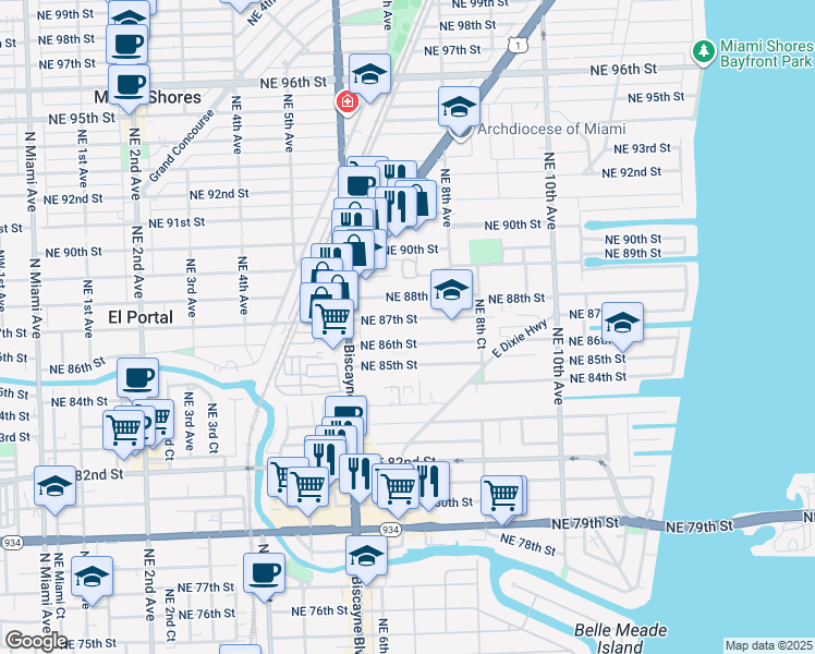 map of restaurants, bars, coffee shops, grocery stores, and more near in Miami Shores
