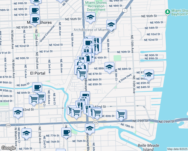 map of restaurants, bars, coffee shops, grocery stores, and more near 637 Northeast 87th Street in Miami Shores