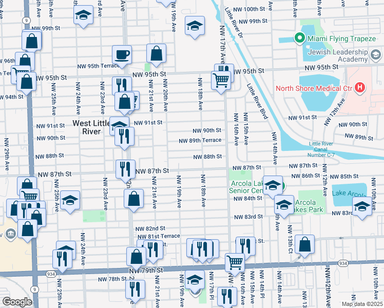 map of restaurants, bars, coffee shops, grocery stores, and more near 1863 Northwest 88th Terrace in Miami