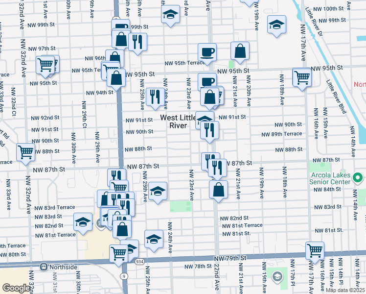 map of restaurants, bars, coffee shops, grocery stores, and more near 2315 Northwest 89th Street in Miami