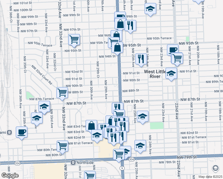 map of restaurants, bars, coffee shops, grocery stores, and more near 2842 Northwest 90th Street in Miami