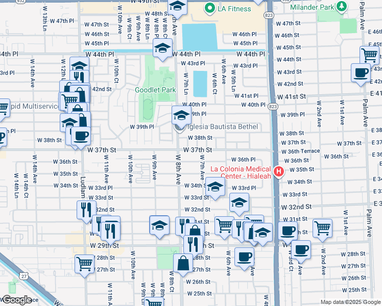 map of restaurants, bars, coffee shops, grocery stores, and more near 3700 West 7th Lane in Hialeah
