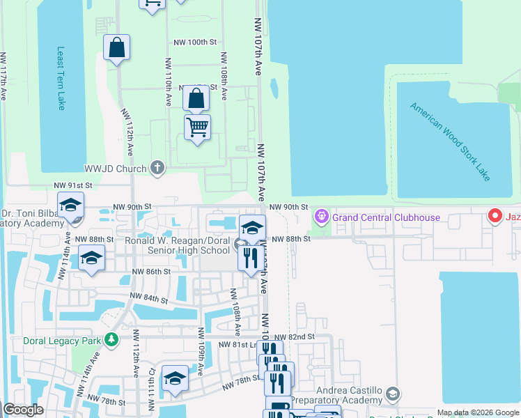 map of restaurants, bars, coffee shops, grocery stores, and more near 8933 Northwest 107th Court in Doral